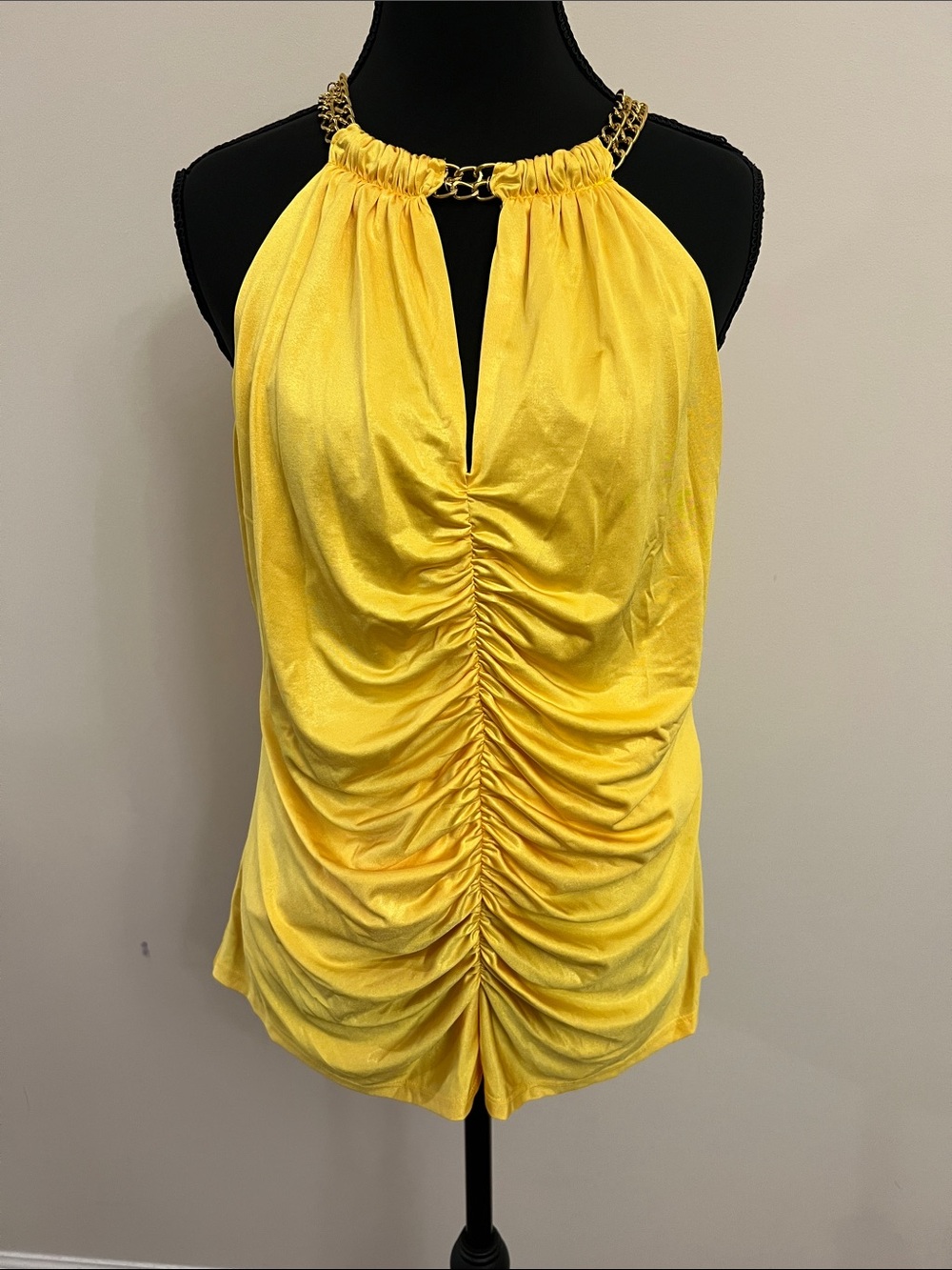 Cache Yellow Ruched Halter Tank with Gold Chain Detail